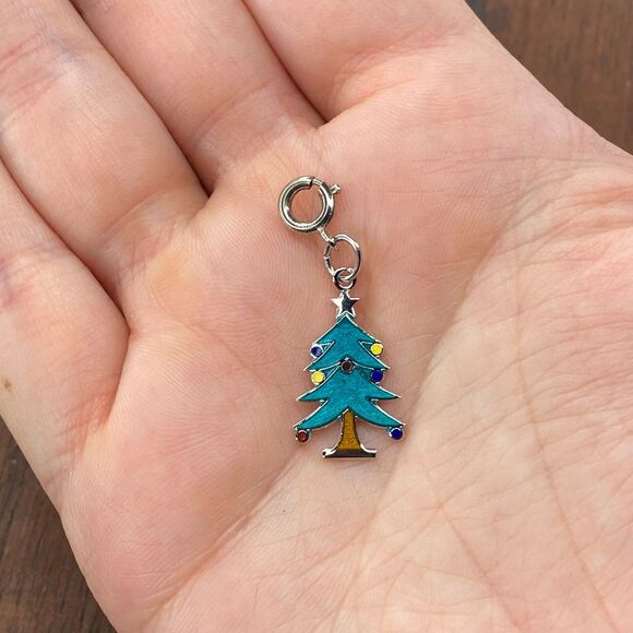 Vintage 925 Sterling Silver Enamel Christmas Tree Pendant Bracelet Charm - Picture 1 of 3